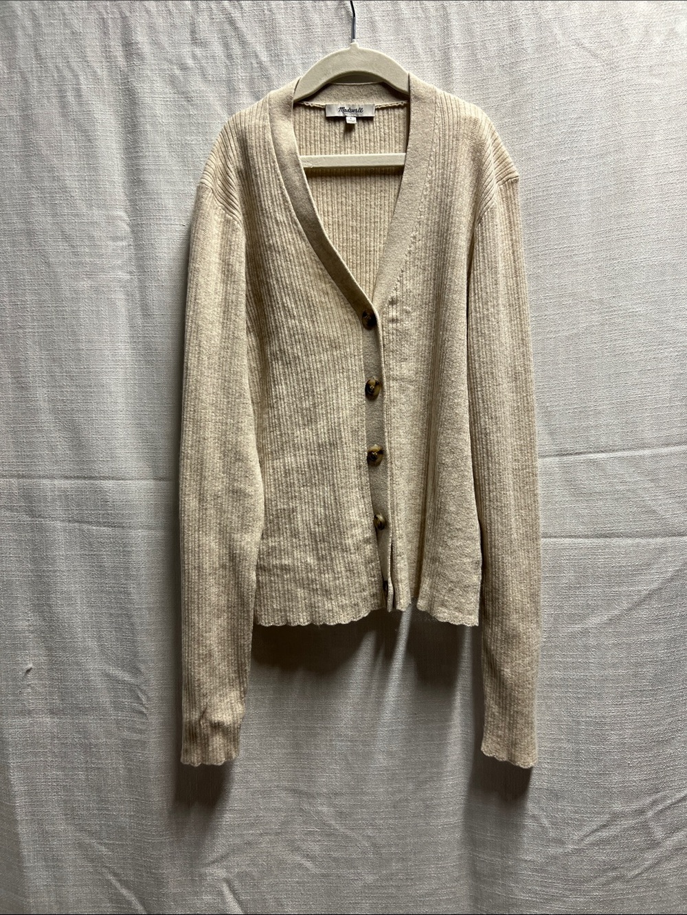 Madewell Light Beige Ribbed V-Neck Button Cardigan with Scalloped Hem